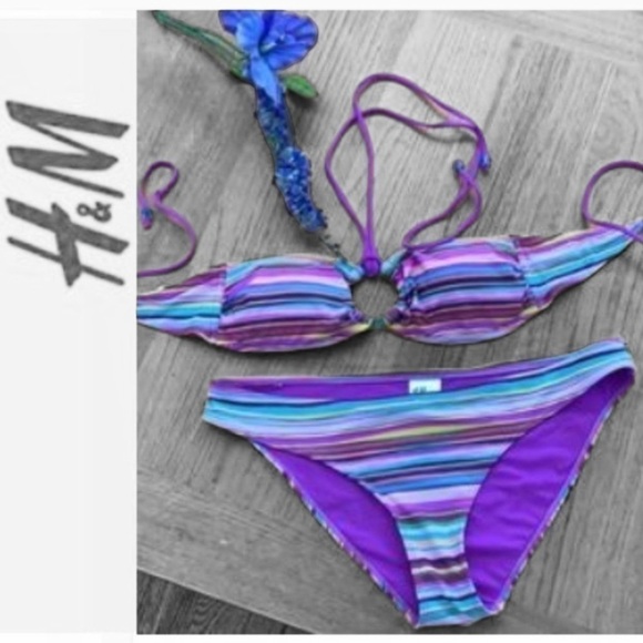 H&M Purple Multi-Colour Stripe Bandeau Bikini Suit 8, 10​​ - Picture 1 of 10